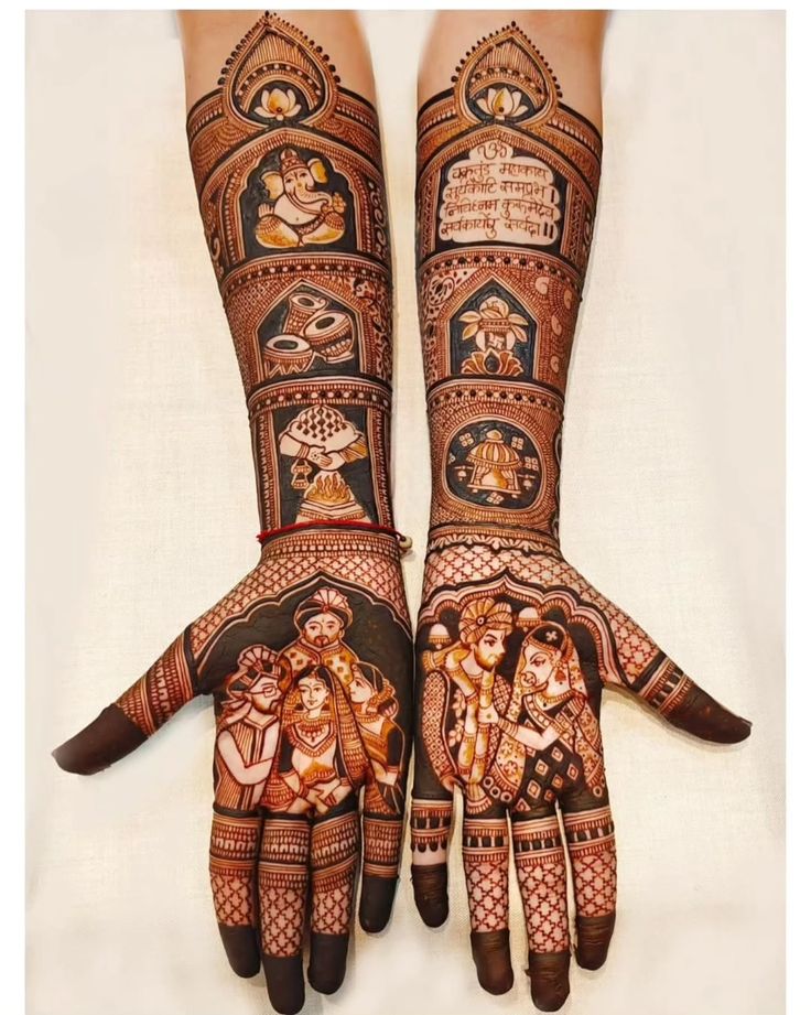 Mehndi designs used by Indian brides depicting Hindu wedding themes, including Ganesha, Lord Shiva, Parvati, intricate designs, and Sanskrit alphabets on both hands.